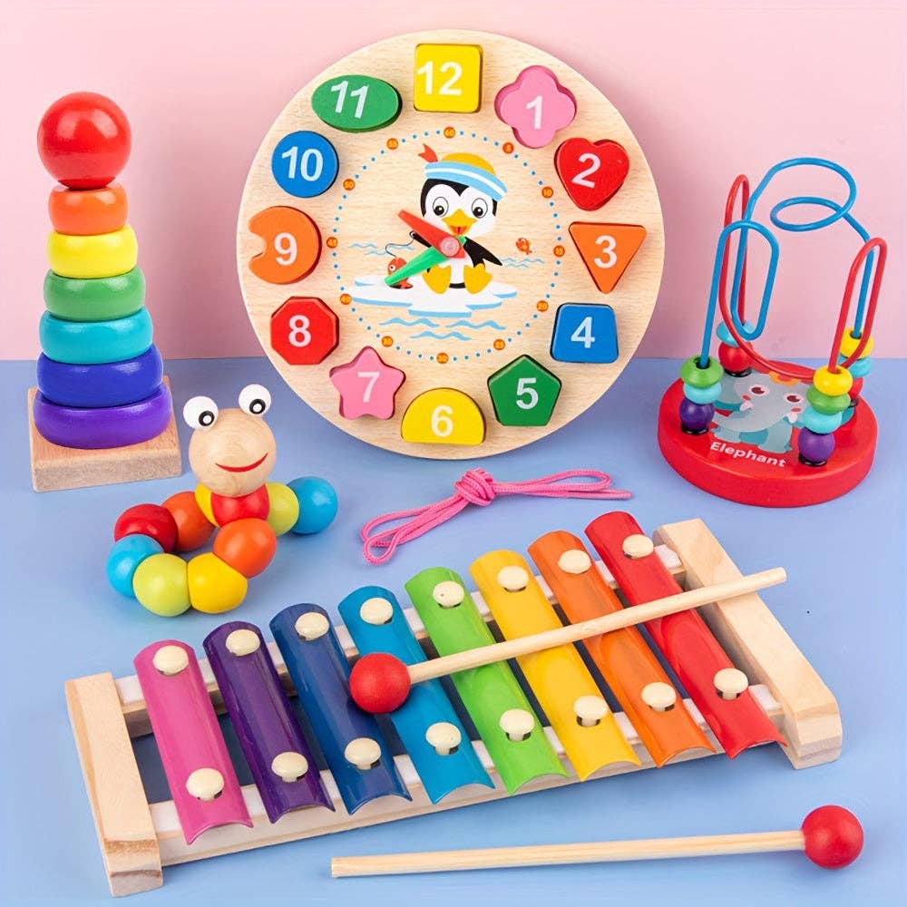 Montessori Wooden Caterpillar Piano Set Kids Toy: 5-In-1 Wooden Toys