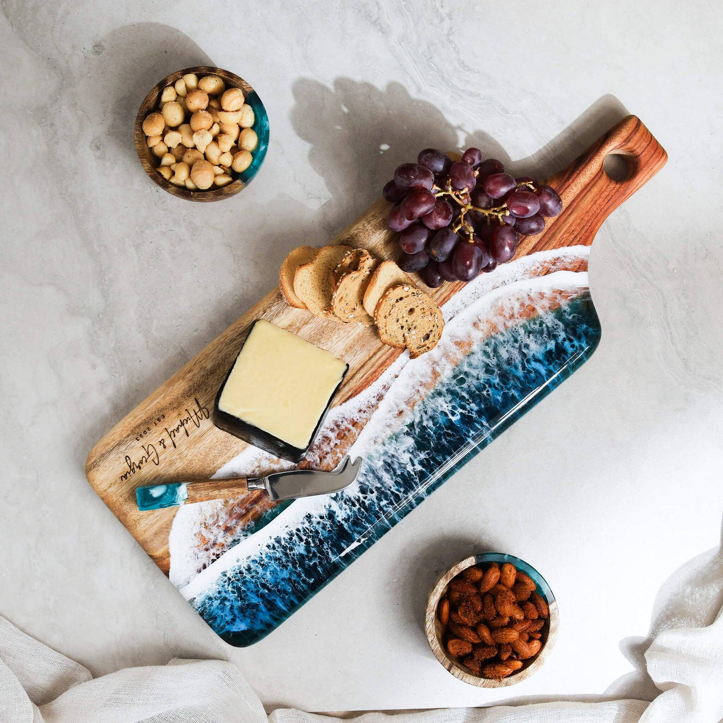 Large Beach Art Cheese Board Paddle Handle Ocean Design