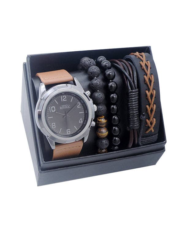 Men's Republic Watch set with 4 Bracelet - Black/Brown