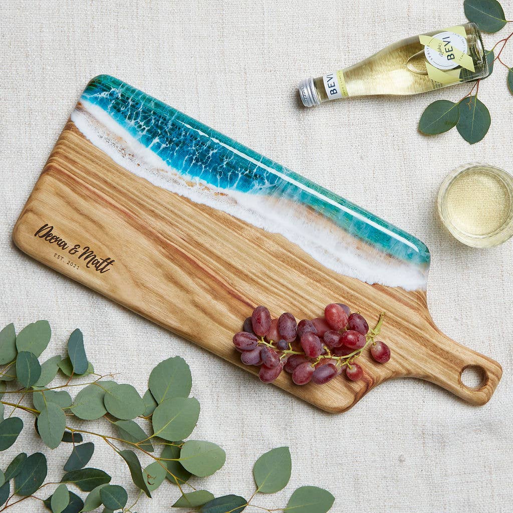 Large Beach Art Cheese Board Paddle Handle Ocean Design