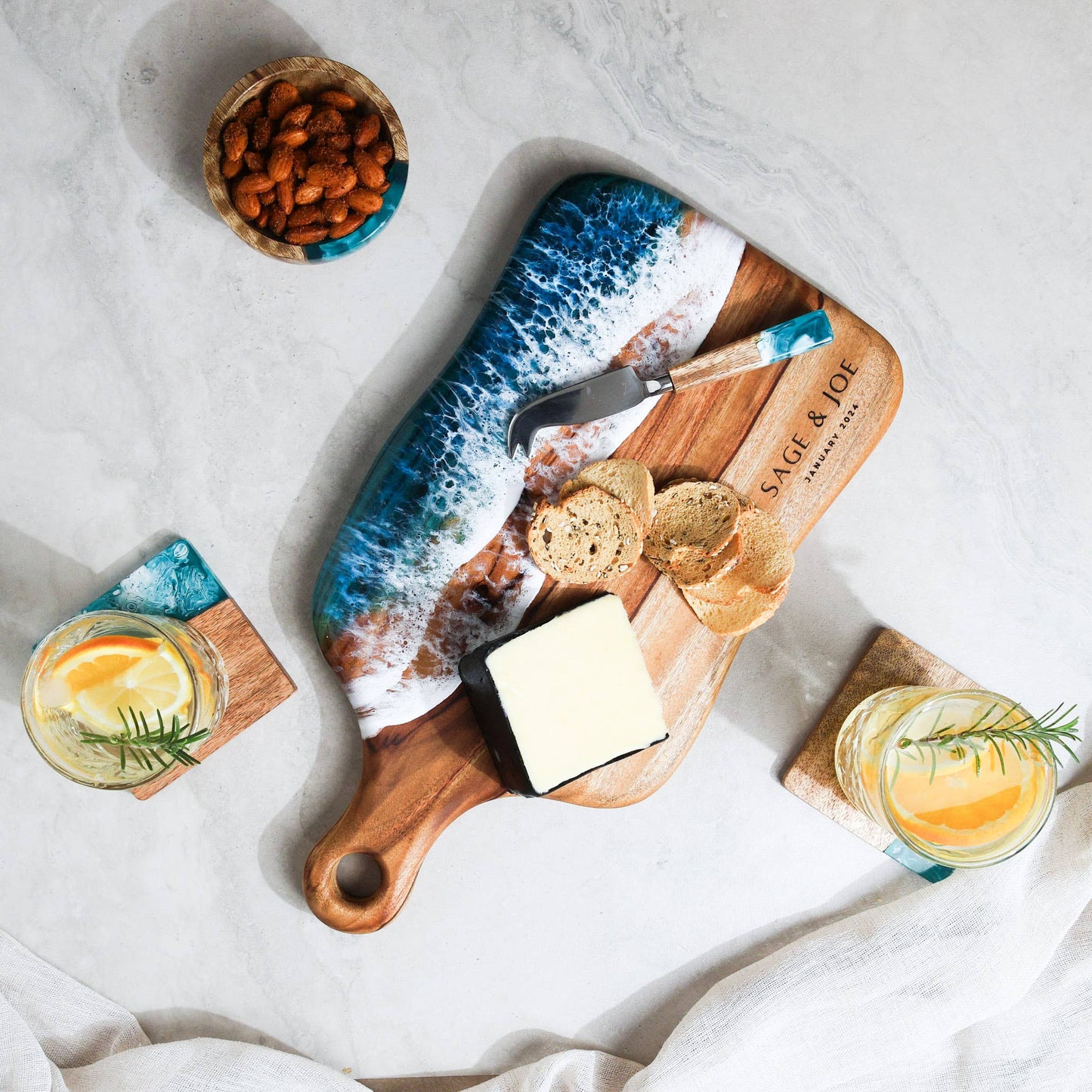 Matching Cheese Board Coasters Bowls and Cheese Knife Set