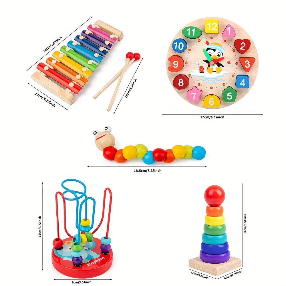 Montessori Wooden Caterpillar Piano Set Kids Toy: 5-In-1 Wooden Toys